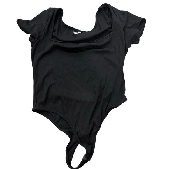 Halara Ribbed Knit Square Neck Skinny Work Bodysuit Thong Casual Black L - Picture 2 of 5